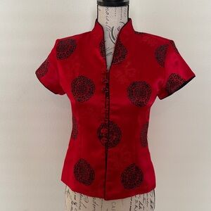 Chic Red Satin Blouse with Traditional Chinese Accents